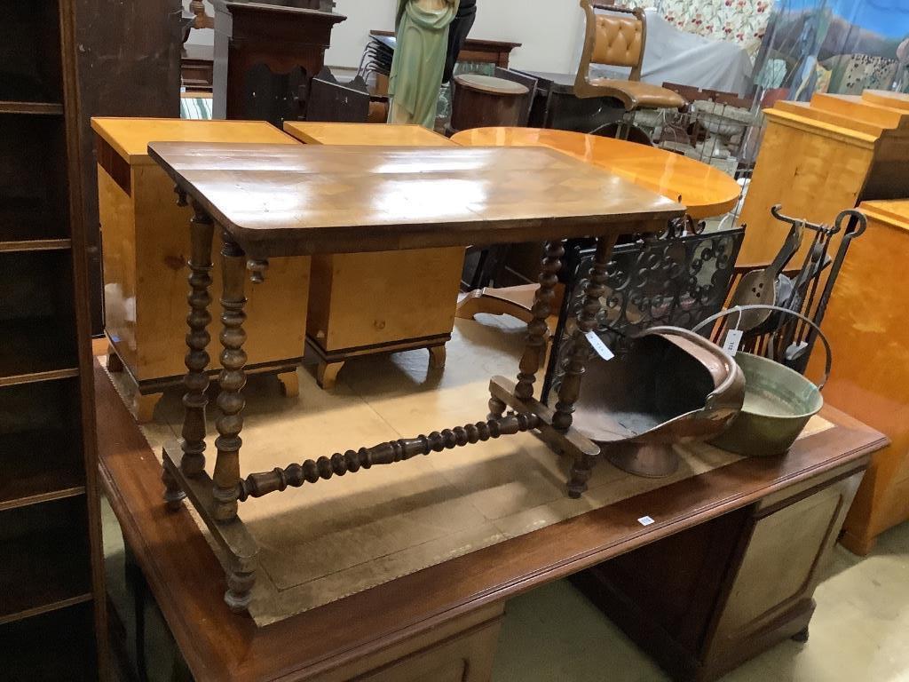 A Victorian rectangular parquetry inlaid stretcher table, length 86cm, depth 44cm, height 69cm